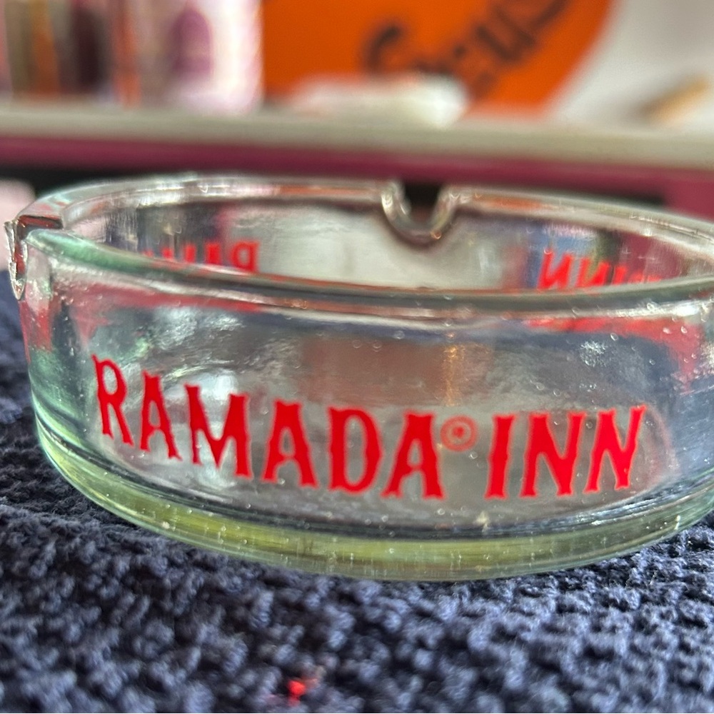 Ramada Inn Vintage clear with red font ashtray trinket tray